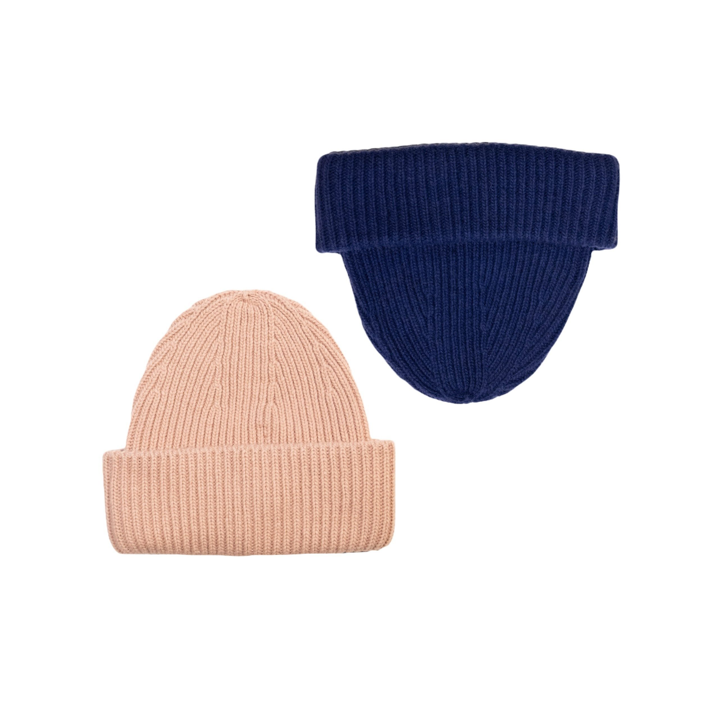 Cappelli a costine in cashmere e lana color rosa cipria e blu elettrico di Vittoria Cashmere. Made in italy.