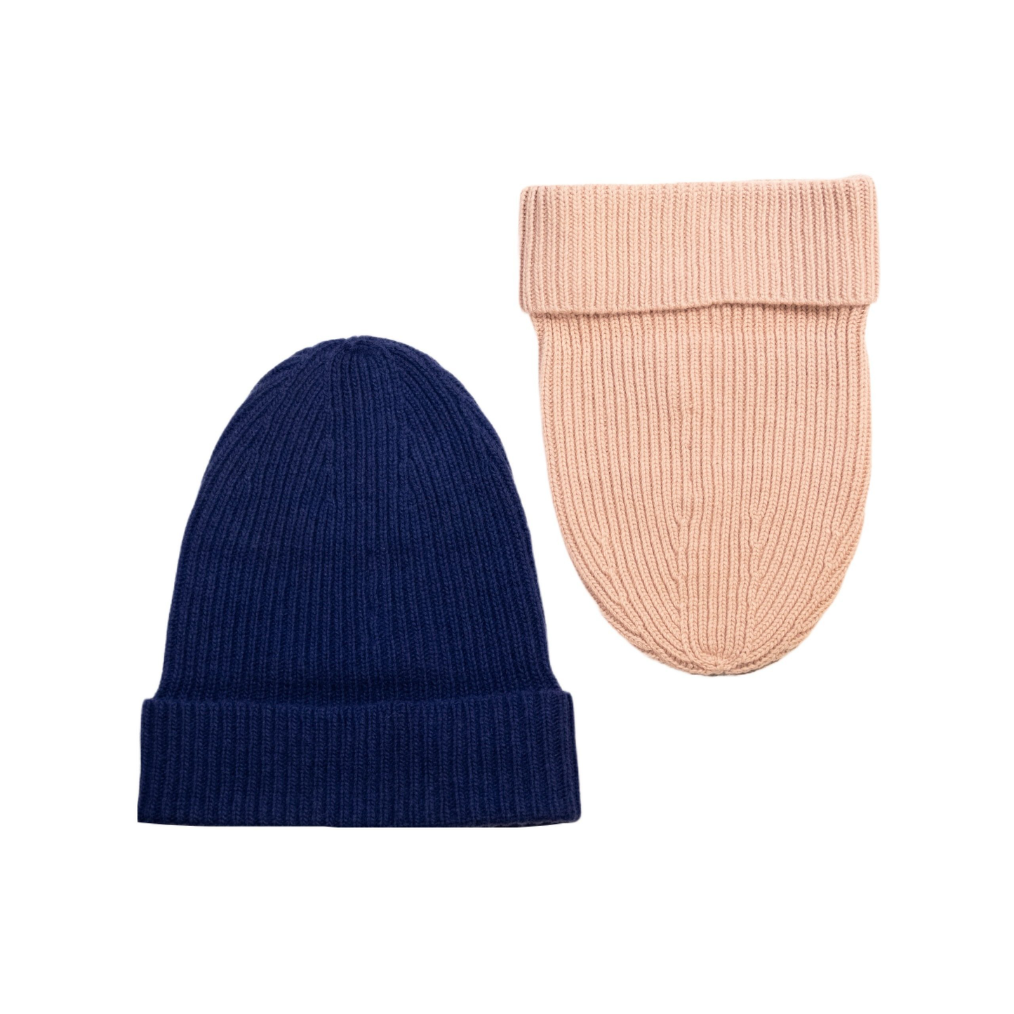 Cappelli a costine in cashmere e lana color rosa cipria e blu elettrico di Vittoria Cashmere. Made in italy.