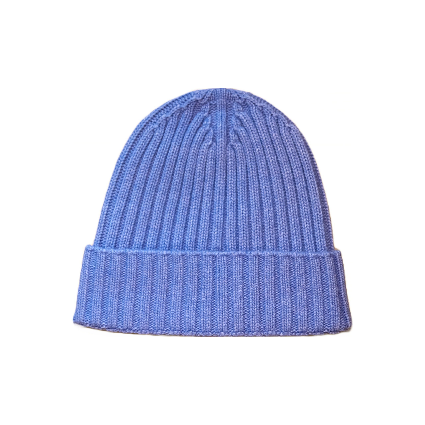 Cappello a costine in cashmere e lana color azzurro iris di Vittoria Cashmere. Made in italy.
