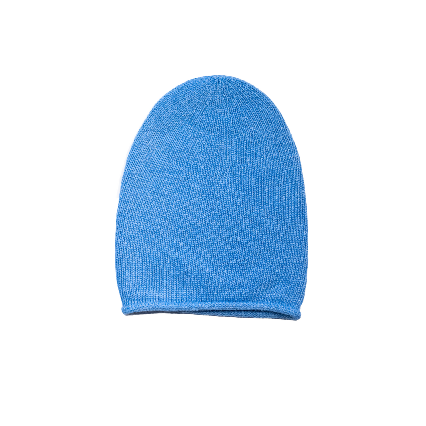 Cappello con ricciolo in cashmere e lana color azzurro carta da zucchero di Vittoria Cashmere. Made in italy.