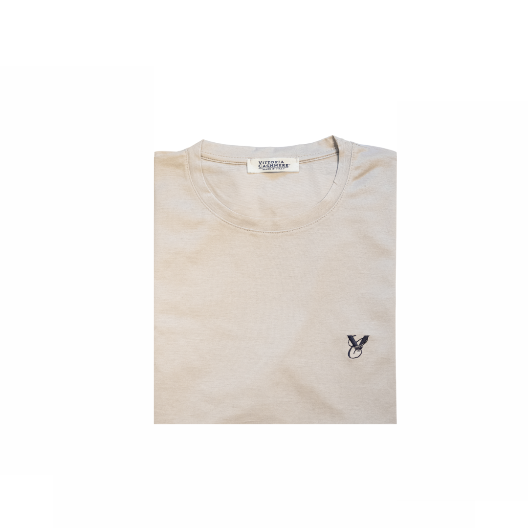 T-shirt uomo beige in Filo di Scozia con ricamo a contrasto, Made in Italy