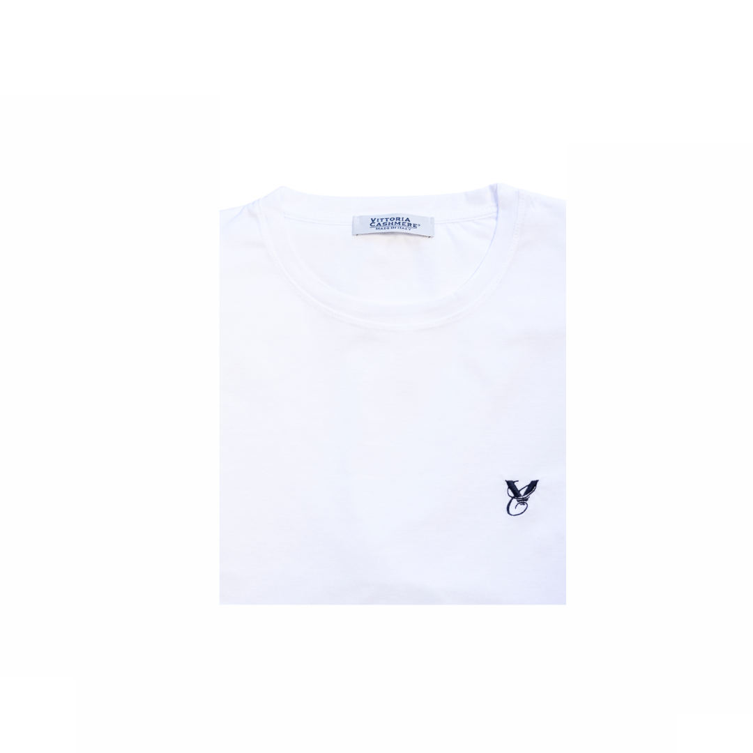 T-shirt uomo bianca in Filo di Scozia con ricamo a contrasto, Made in Italy