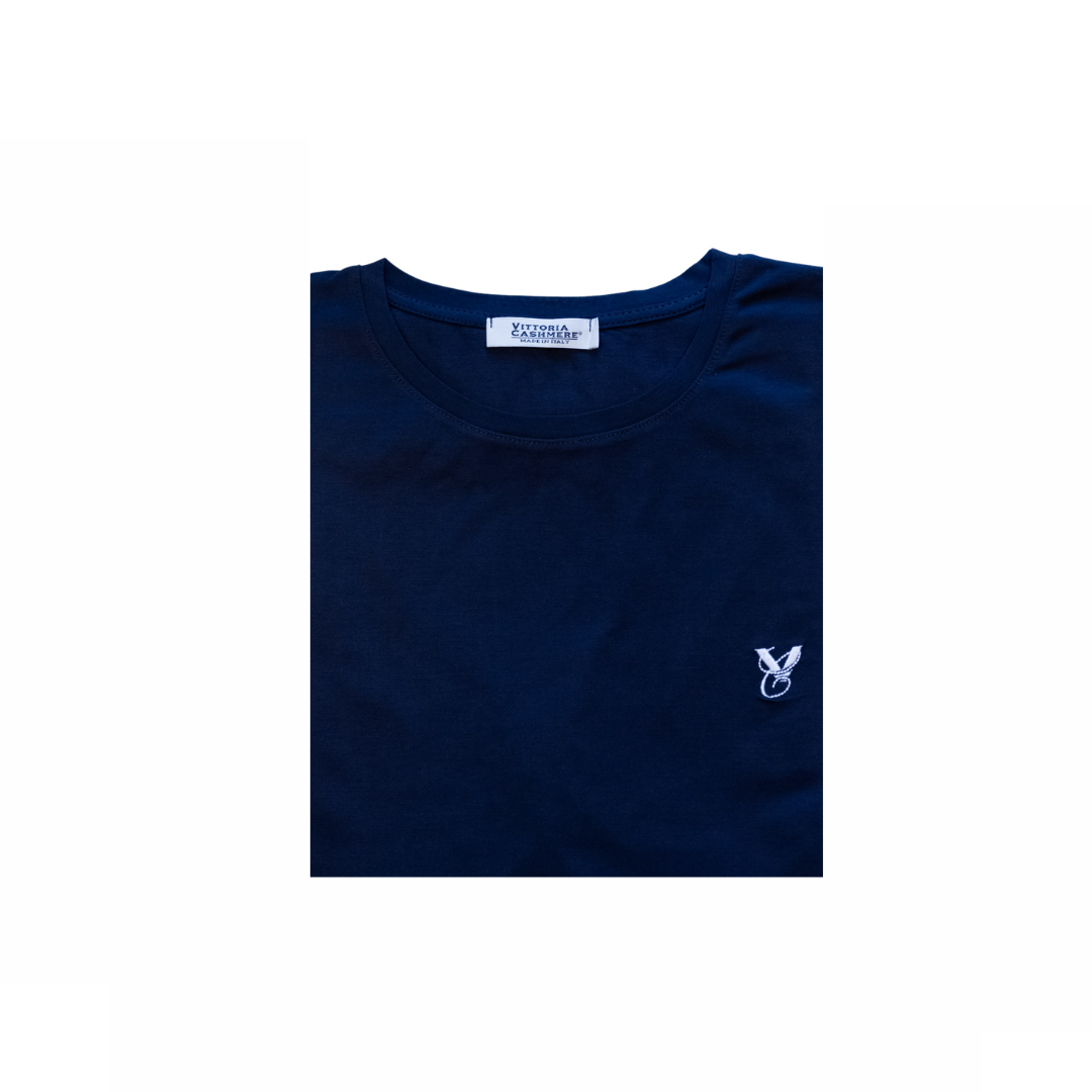 T-shirt uomo blu navy in Filo di Scozia con ricamo a contrasto, Made in Italy