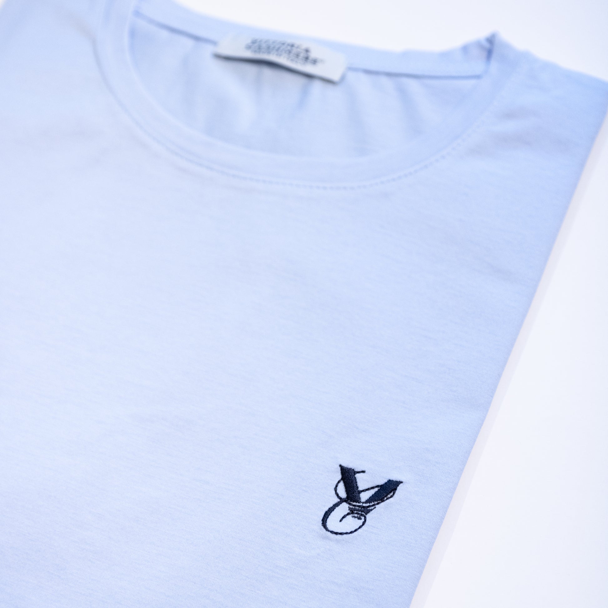 Dettaglio ricamo su T-shirt da uomo azzurro cielo, in Filo di Scozia, Made in Italy