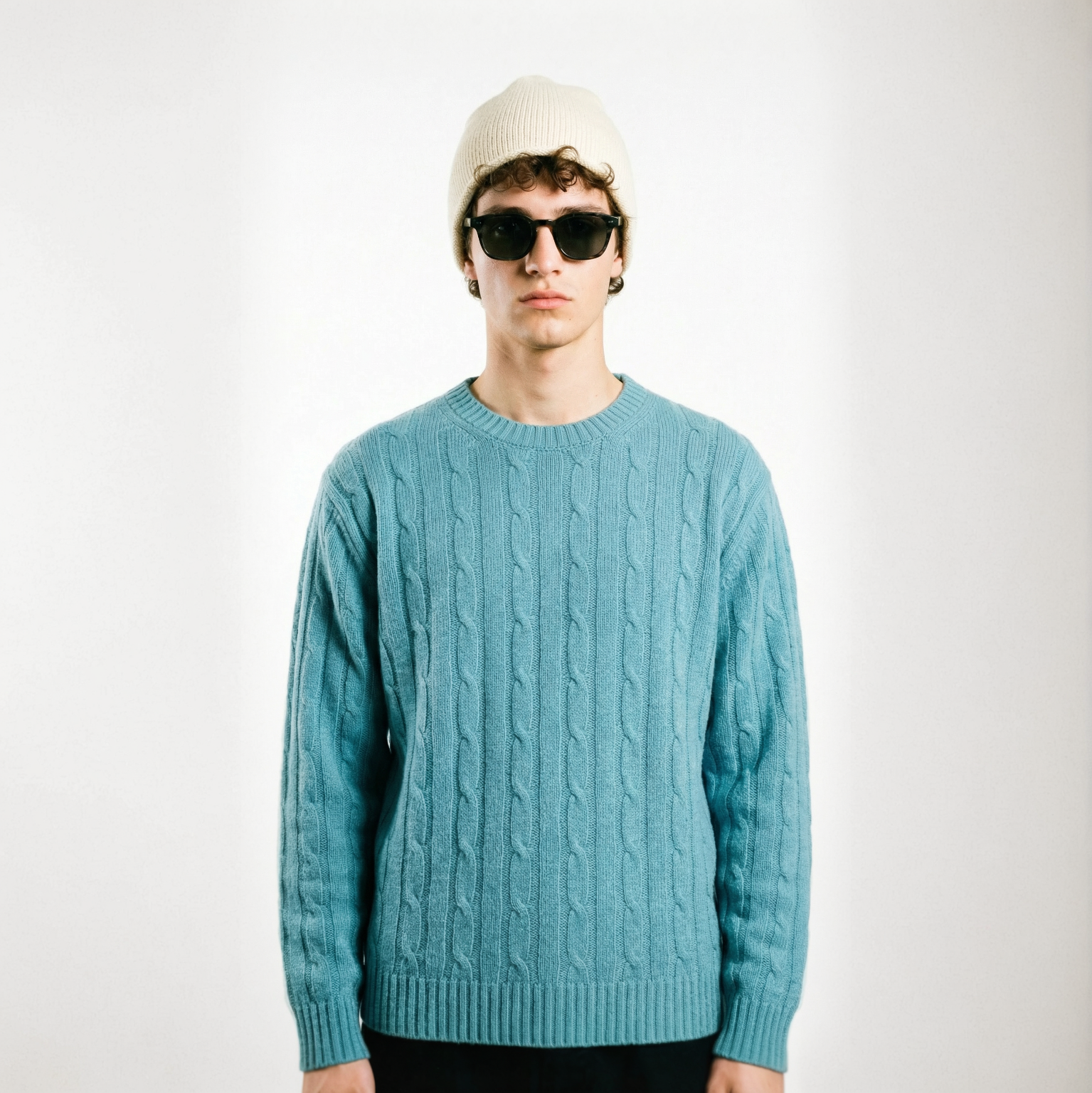 Maglia girocollo a trecce e coste