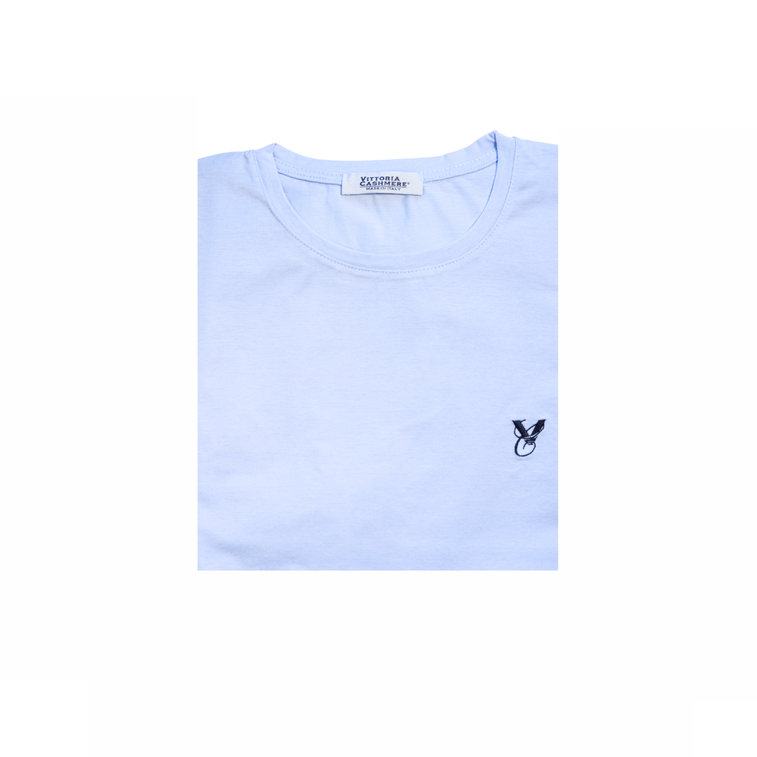 T-shirt uomo azzurro cielo in Filo di Scozia con ricamo a contrasto, Made in Italy
